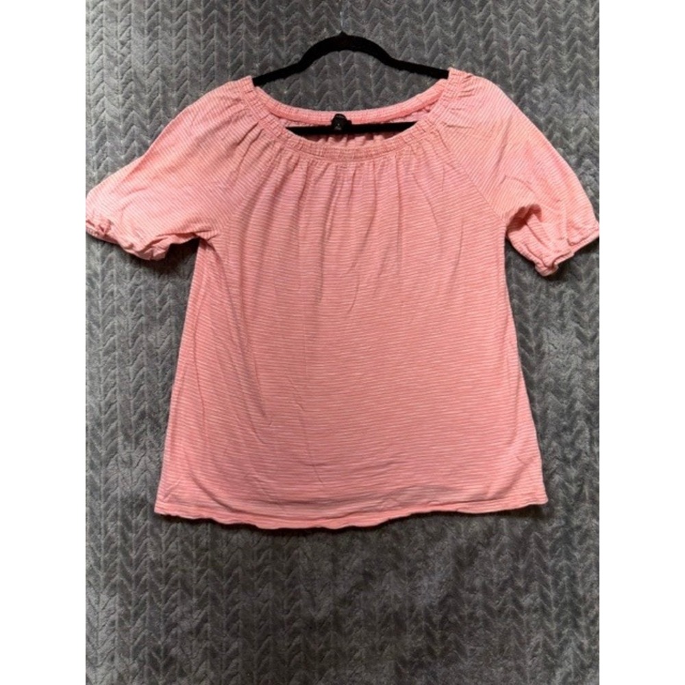 Talbots Women Coral White Striped Elastic Scoop Neck Short Sleeve  Small 0439
